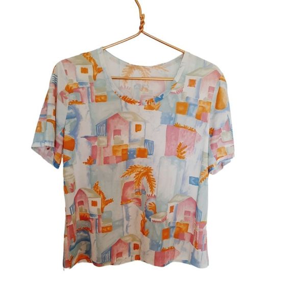 Vintage 70s Top Medium to Large Slinky Knit Pastel Tropical Print Short Sleeve - Picture 1 of 6